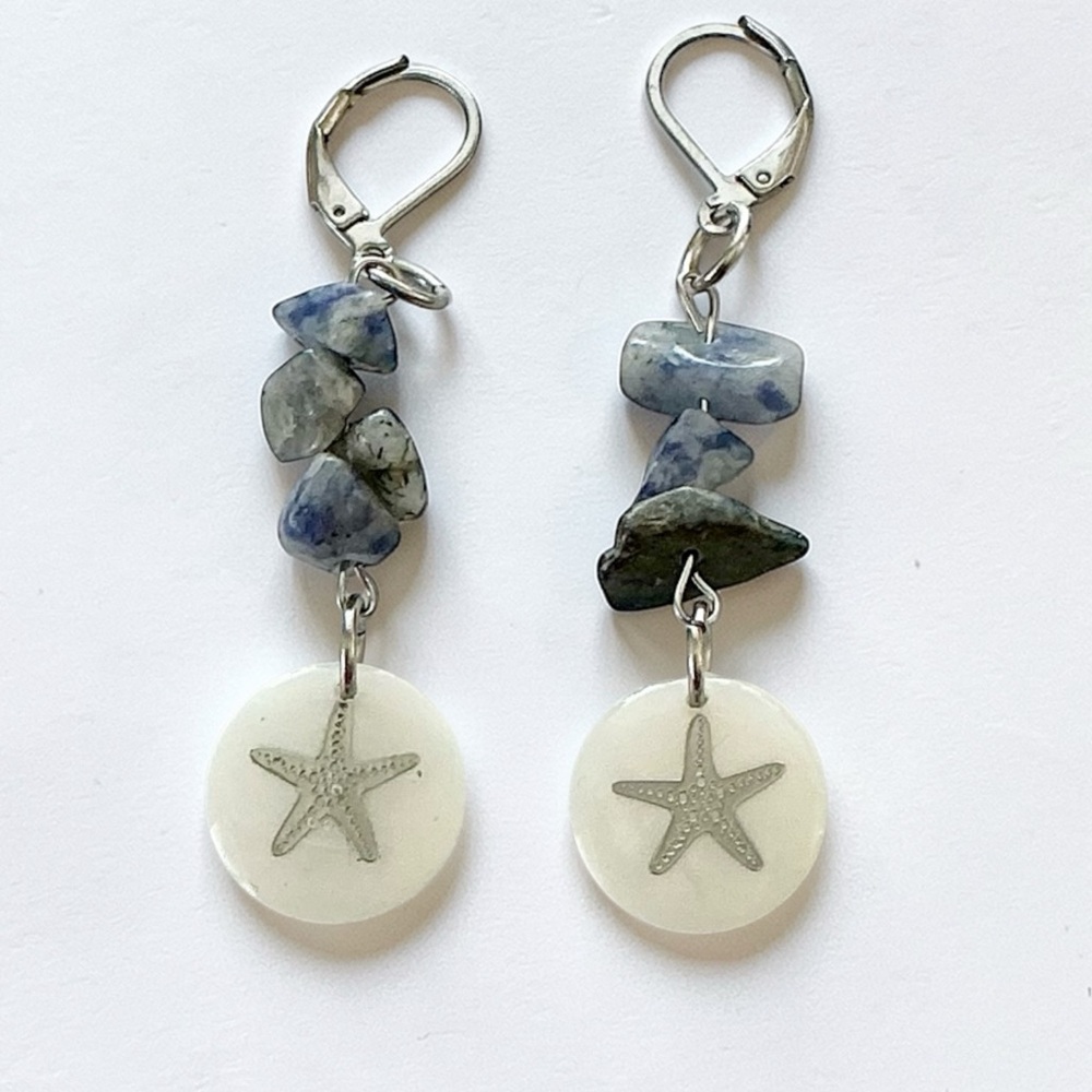 🆕 Silver Starfish in Shells with Gemstones Earrings-Stainless Steel